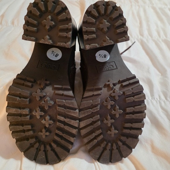 Dark Brown Faux Leather Platform Combat Boots with Shearling Trim and Block Heel - Picture 16 of 16